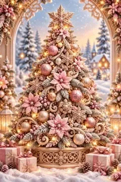 ピンク&ゴールド クリスマスツリー アートポスター