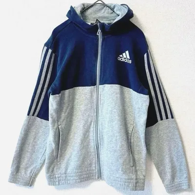 adidas アディダス ジップパーカー 3本ライン グレー ネイビー 150