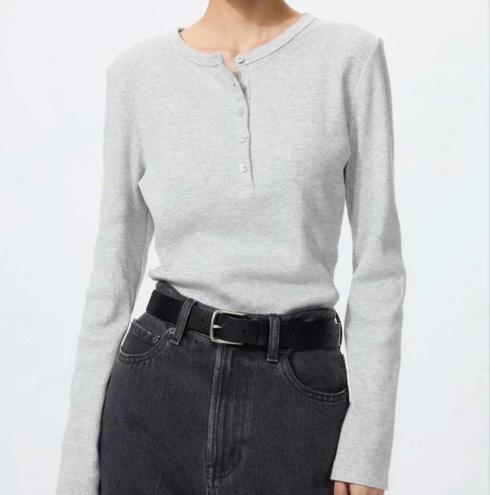 UNIQLO リブヘンリーネック 長袖Tシャツ グレー M