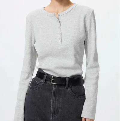 UNIQLO リブヘンリーネック 長袖Tシャツ グレー M