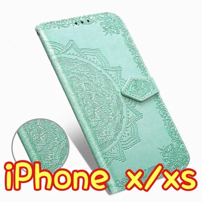 エンボス加工スマホケース 手帳型 iPhone X/XS グリーン ⑩