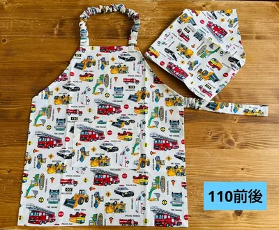 95 キッズエプロン 三角巾 子どもエプロン ハンドメイド 男の子 働く車