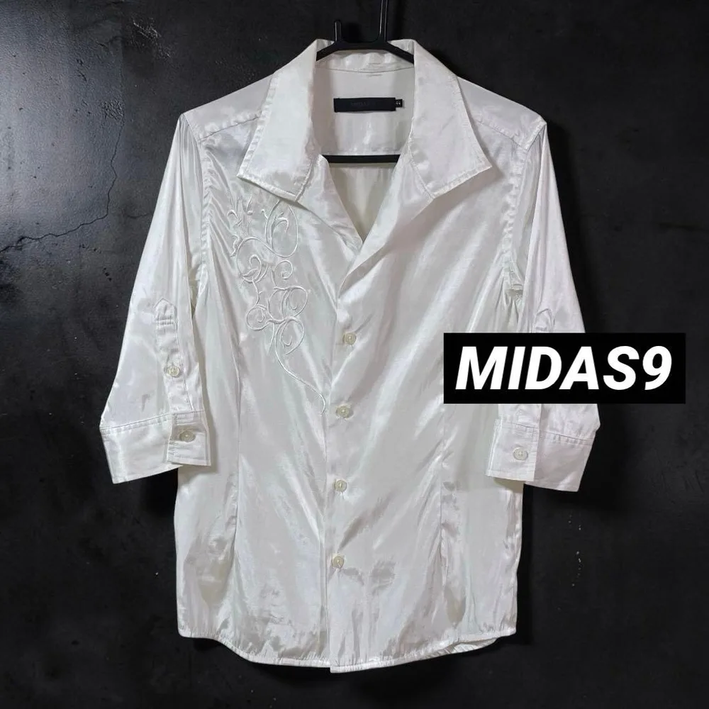 MIDAS9 七分袖 サテンシャツ 同色刺繍 ホワイト M 44 00s Y2K