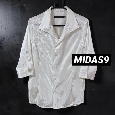 MIDAS9 七分袖 サテンシャツ 同色刺繍 ホワイト M 44 00s Y2K