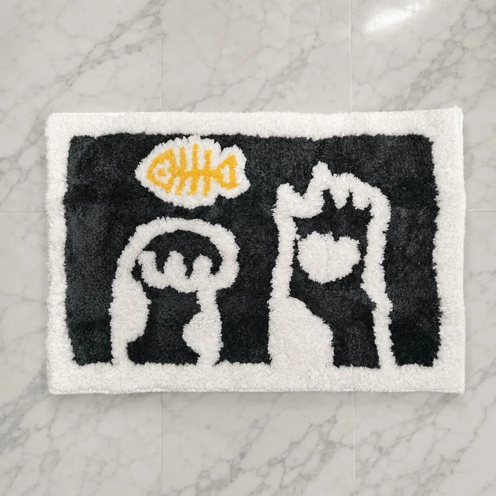モノトーン 猫デザイン バスマット 玄関マット インテリアマット ねこ柄