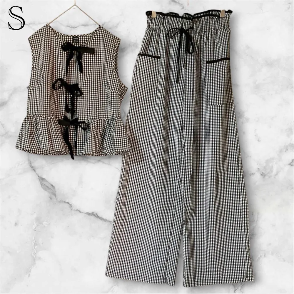 SHEIN セットアップ ギンガムチェック リボン ペプラム S