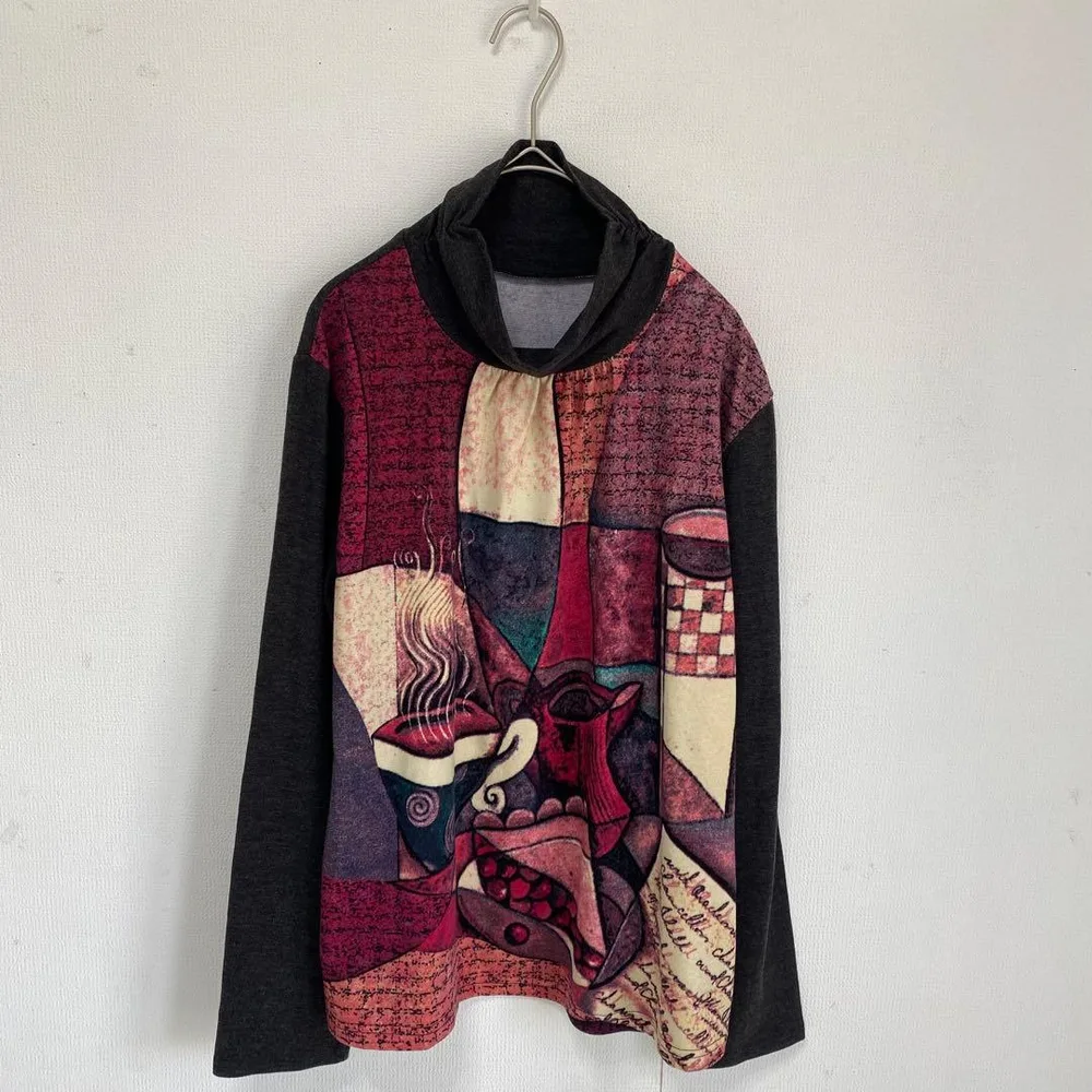 【未使用】Via Faburrica ハイネック 総柄 絵画風 長袖 カットソー