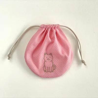 芝犬刺繍 手刺繍 巾着袋 ピンク ドット柄 ハンドメイド 小物入れ シバ犬 犬