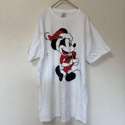 ディズニー 半袖Tシャツ クルーネック サンタミッキー M 白 綿 タウンユース