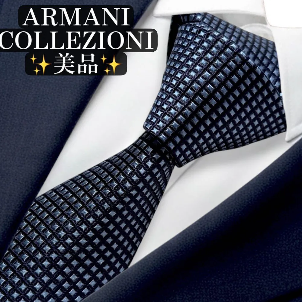 美品✨ARMANI COLLEZIONI ネクタイ ネイビー スクエア柄