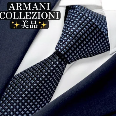 美品✨ARMANI COLLEZIONI ネクタイ ネイビー スクエア柄