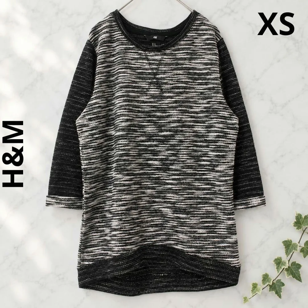 美品 H&M ニットチュニック ブラック系 XS クルーネック 七分袖 セーター