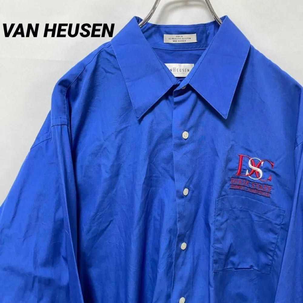 T-214 VAN HEUSEN ワークシャツ 企業刺繍DSC USA古着青XL