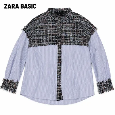 ZARA ツイード切替 ストライプシャツ ブラウス フリンジ S 美品