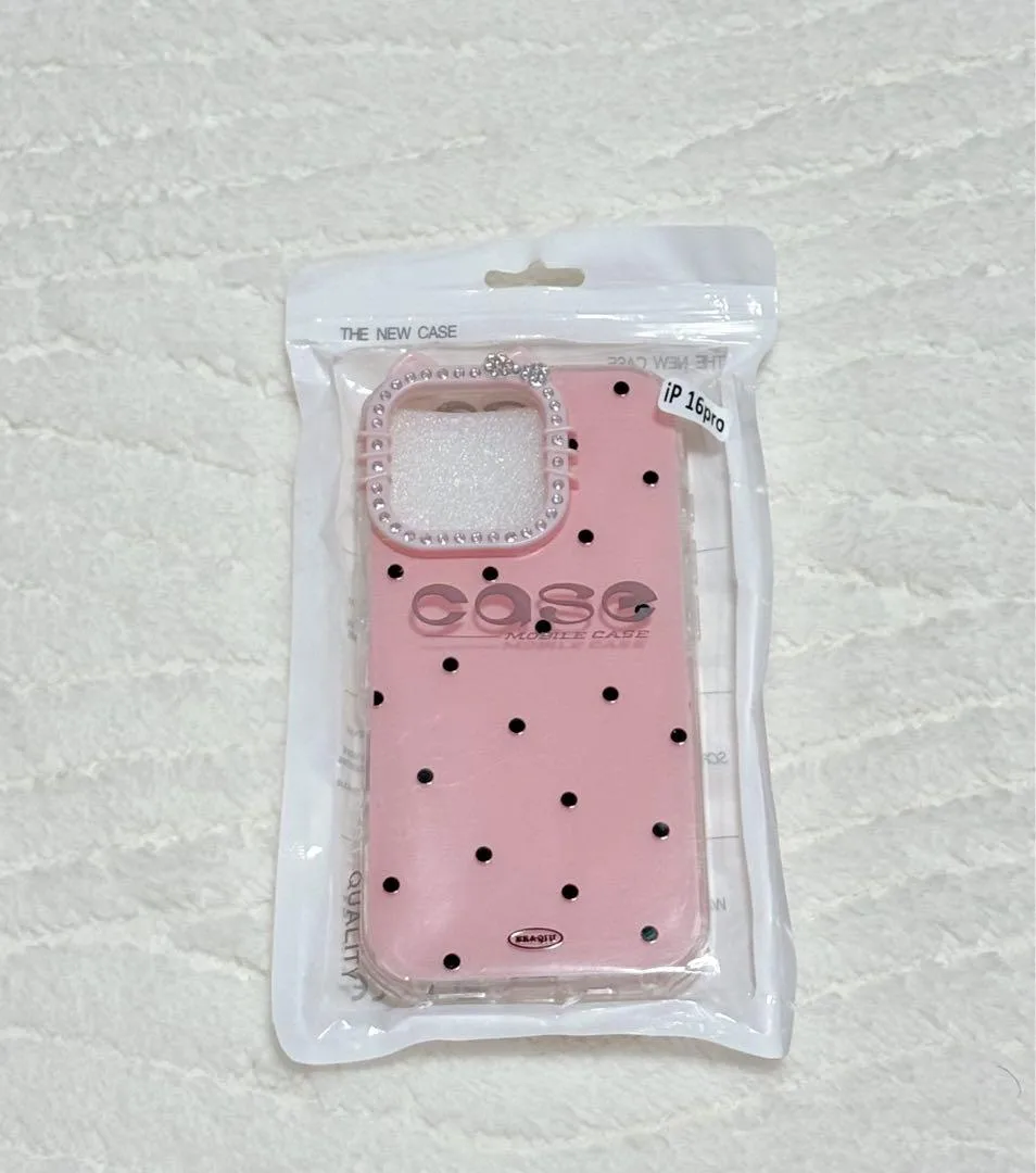 iPhone16proケース ピンク キティ 水玉ドット柄 猫耳 ラインストーン