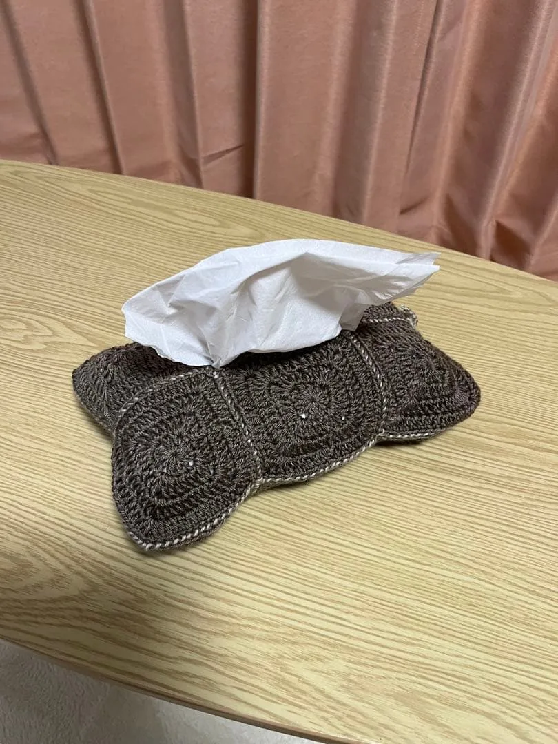 ハンドメイド ティッシュカバー 手編み ブラウン