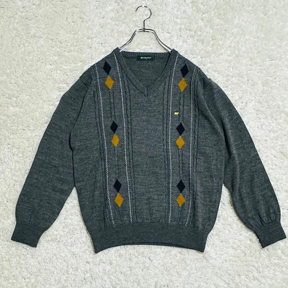 極美品 ゴールデンベア ニット M アーガイル柄 Vネック ウール混
