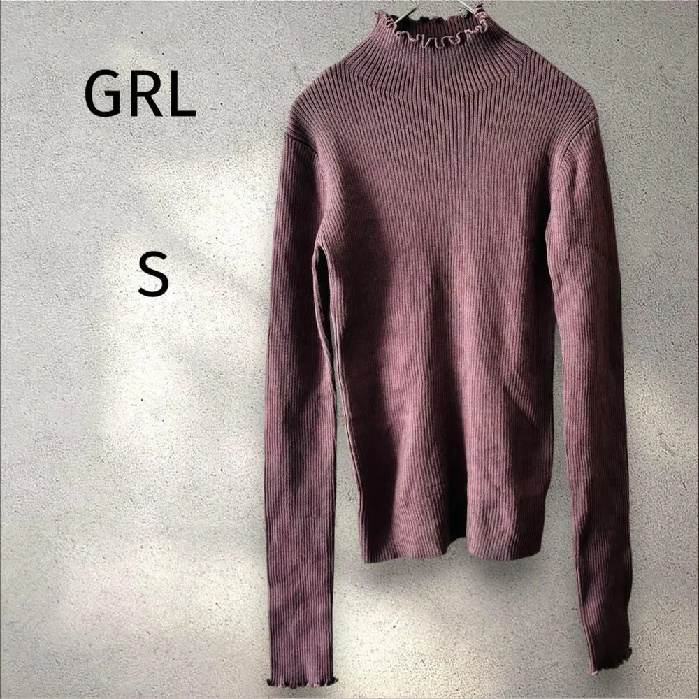 GRL*グレイル リブニット 【S】ハイネック フリル 長袖 ボルドー系