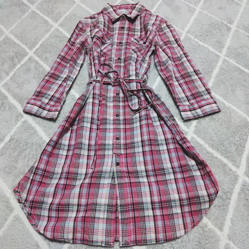 美品 チェック 長袖シャツワンピース ロング フレア ウエスト紐 リネン混 F