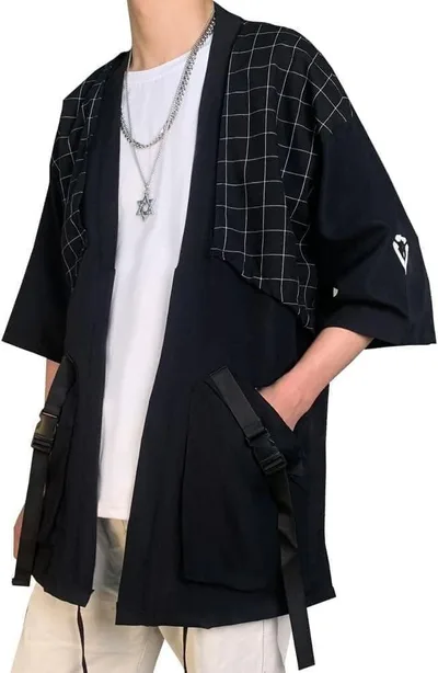 和風カーディガン 和風服 ブラック メンズ M 七分袖 カーディガン ゆったり