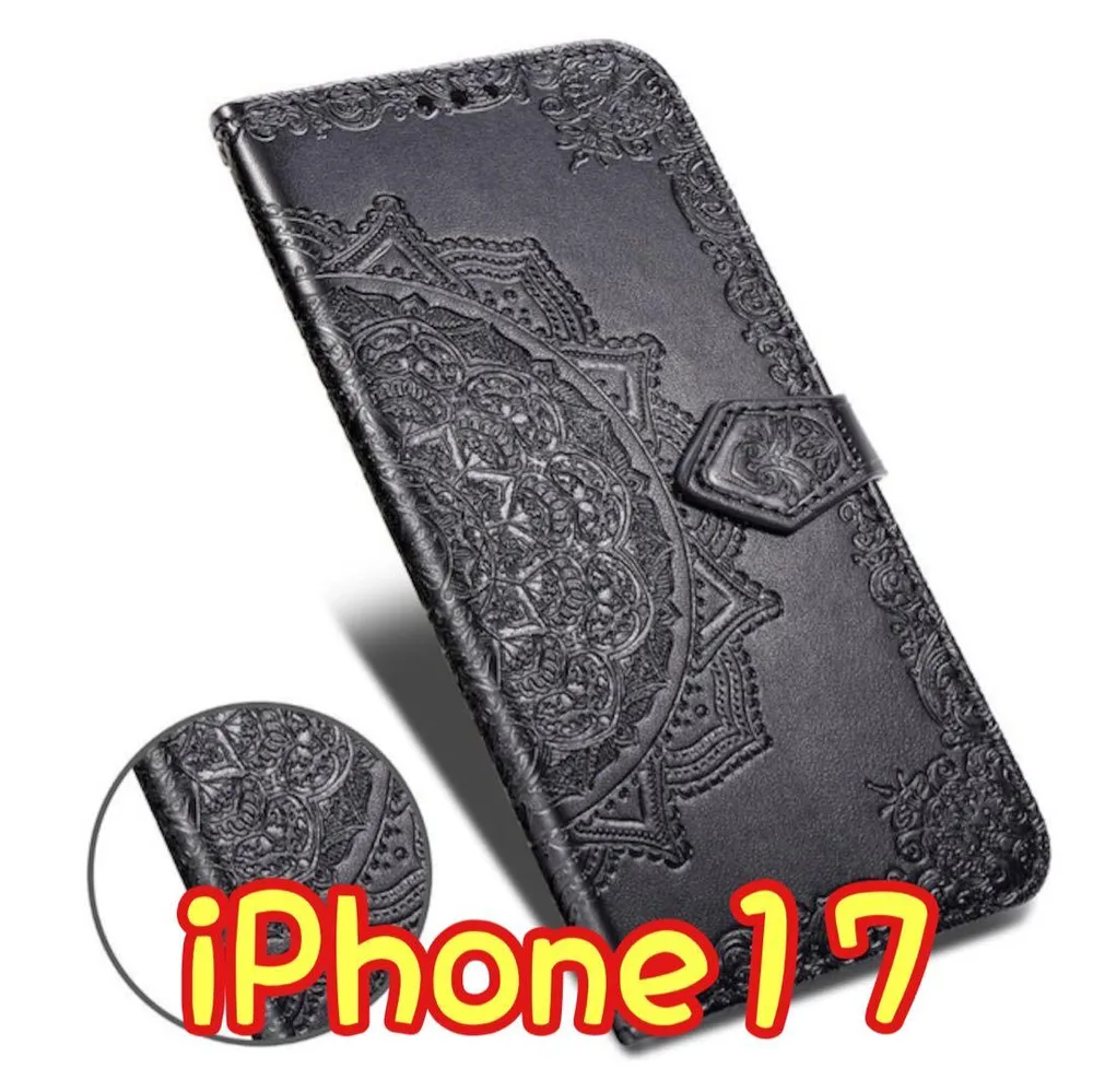 エンボス加工スマホケース 手帳型 iPhone17 ブラック ⑤