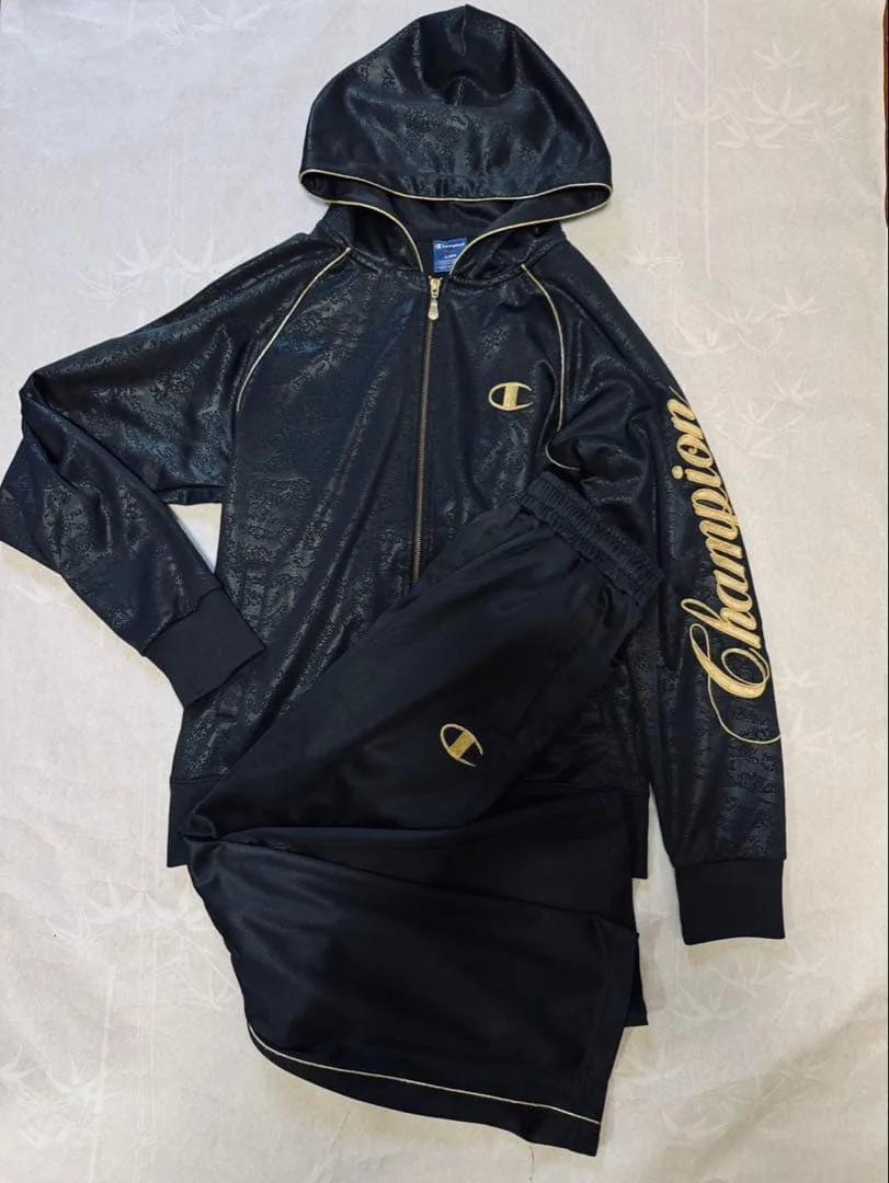 4日間セールチャンピオン ジップアップパーカー L 黒金刺繍ロゴ 地模 上下