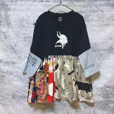 M〜2XL アメリカ輸入 古着リメイクワンピース 猫 No.532