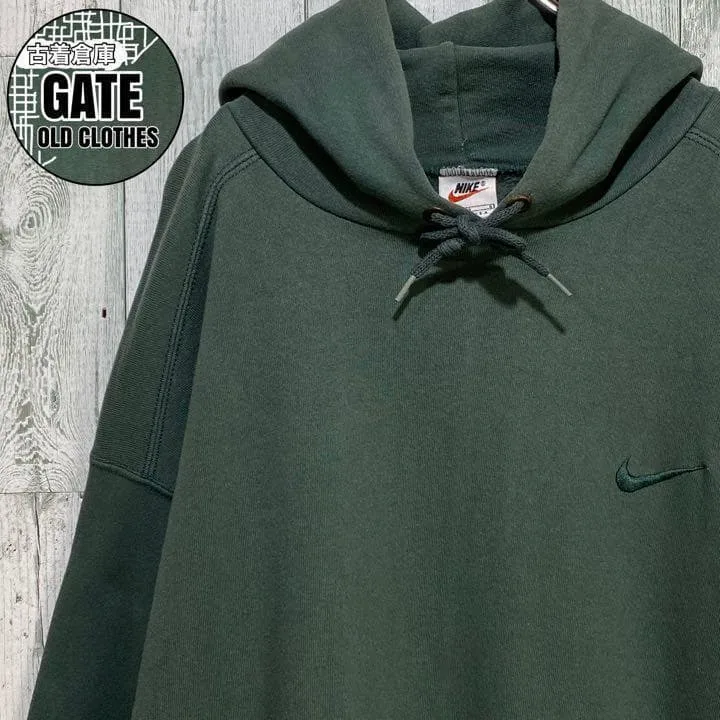USA製 NIKE ワンポイント刺繍ロゴ スウェットパーカー 緑 LARGE