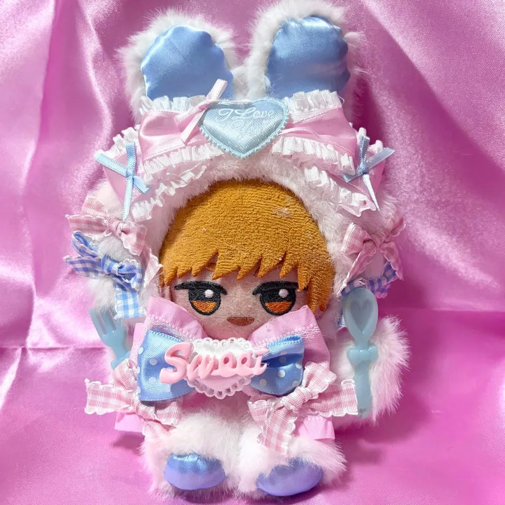 おすわりぬい服 12cm-14cm 立ち耳うさぎ 白×水色×ピンク 着ぐるみ