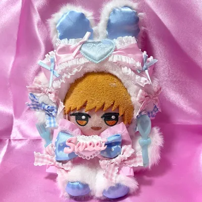 おすわりぬい服 12cm-14cm 立ち耳うさぎ 白×水色×ピンク 着ぐるみ