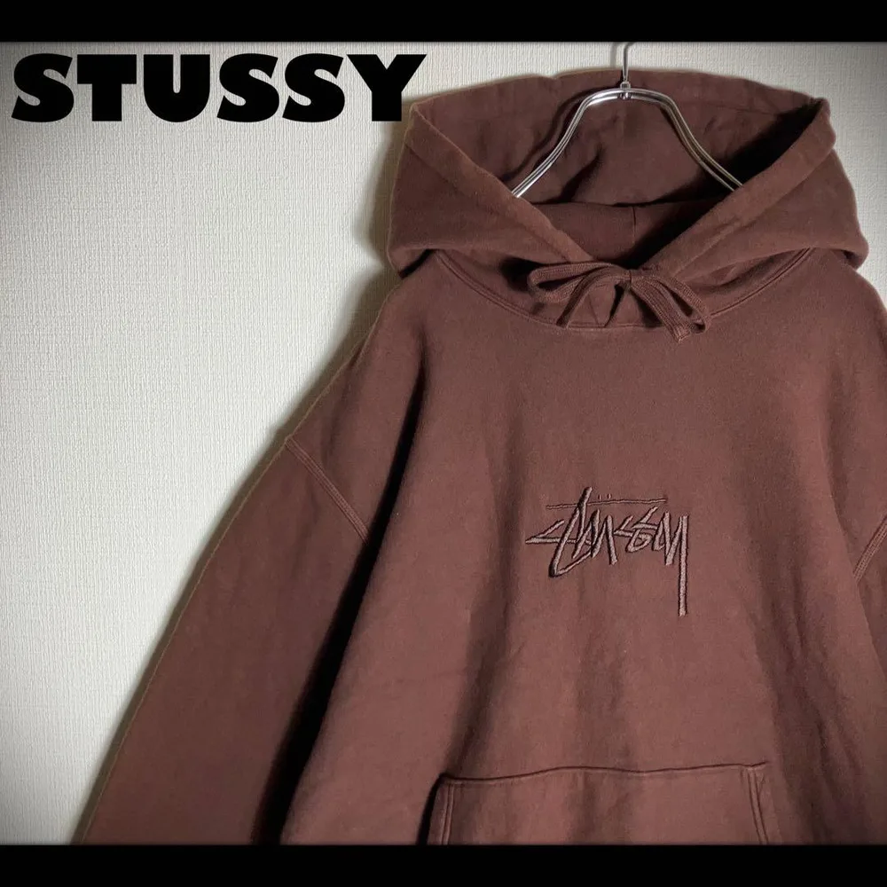 STUSSY プルオーバーパーカー 刺繍ロゴ ストリート 茶色 L