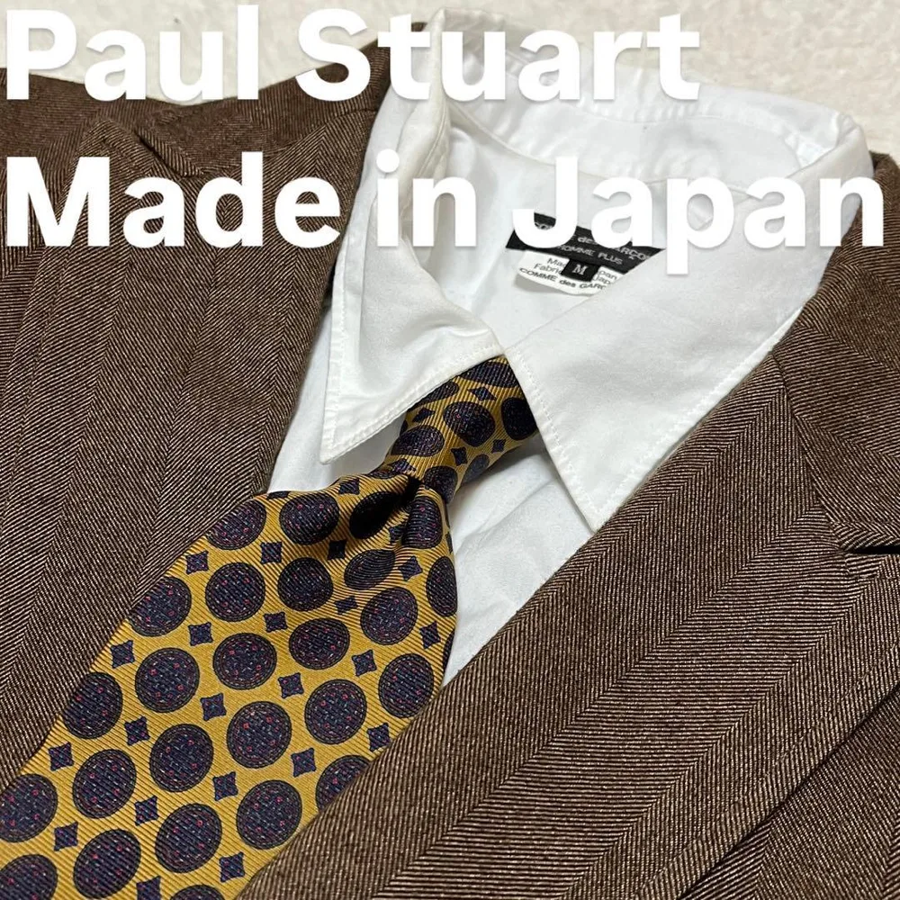 日本製Paul Stuart ベージュネイビー 幾何学模様 小紋柄シルクネクタイ
