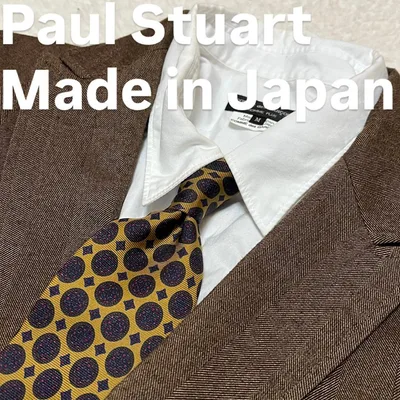 日本製Paul Stuart ベージュネイビー 幾何学模様 小紋柄シルクネクタイ
