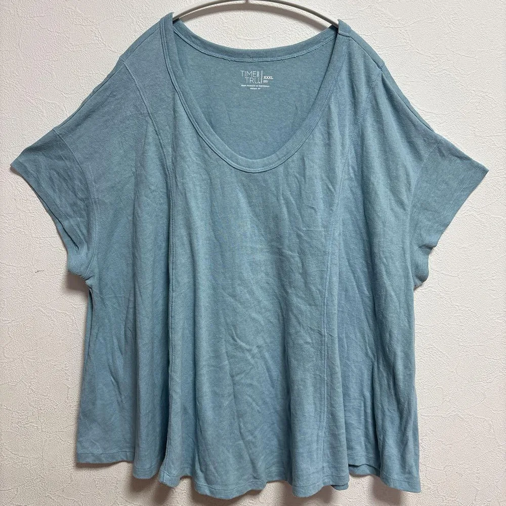 タイムアンドトゥルー 無地Tシャツ Uネック半袖 XXXL 青緑 綿 ゆったり