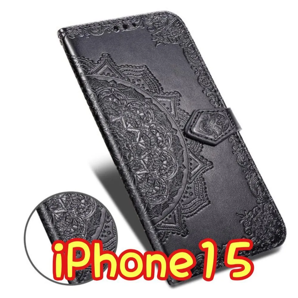エンボス加工スマホケース 手帳型 iPhone15 ブラック ⑤