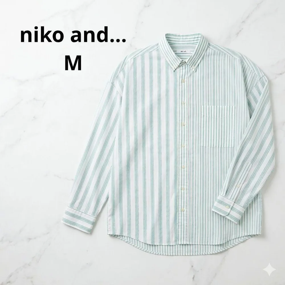 ニコアンド ストライプシャツ レギュラーカラー 白 緑 M