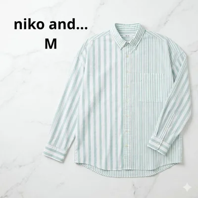 ニコアンド ストライプシャツ レギュラーカラー 白 緑 M