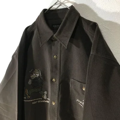【個性派古着】長袖デザインシャツ コーデュロイ こげ茶 犬刺繍入り メンズ L