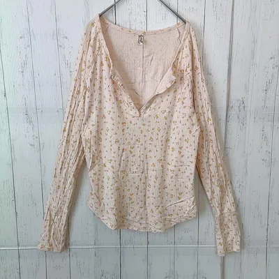 フリーピープル カットソー ヘンリーネック 長袖 花柄 XL 綿 デイリー