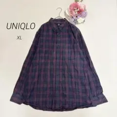 【ユニクロ】メンズ フランネルチェックシャツ 長袖 カジュアル 羽織り 紺赤XL