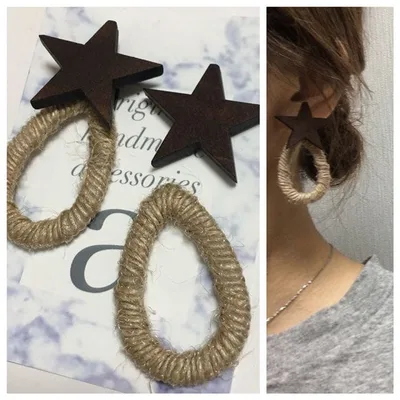 再入荷1148-2 2way☺︎スター型ウッドピアス×麻紐フープ☺︎