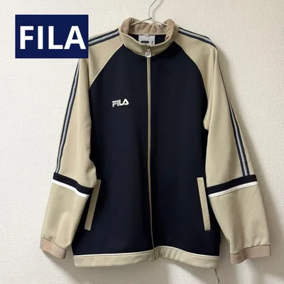 【カネボウ製】90s FILA トラックジャケット M 刺繍ロゴ 紺 ベージュ