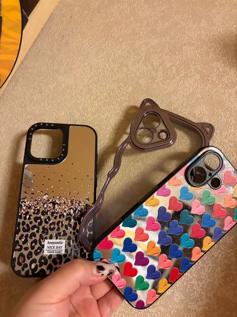 iPhone17専用ケース 3点セット ヒョウ柄 ハート柄 猫耳ウェーブ