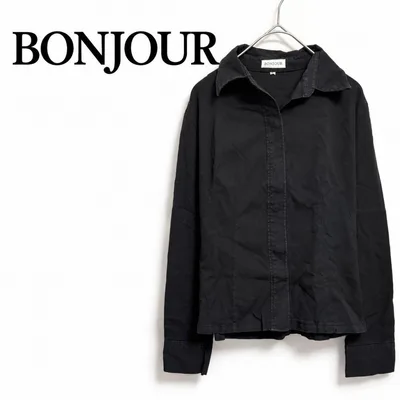 BONJOUR 長袖シャツ L ブラック 比翼ボタン 無地