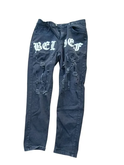 BELIEF ロゴ ダメージ加工 デニムパンツ ブラック