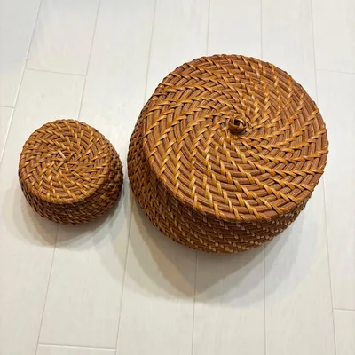 ラタン編み蓋付きバスケット 2個セット