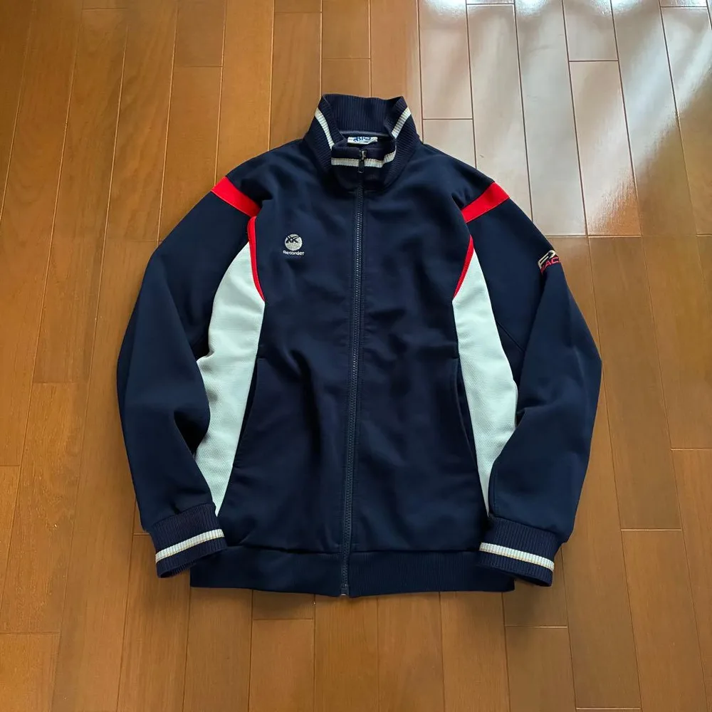 90sビンテージ日本製アシックスAsicsトラックジャケット紺ジャージ古着メンズ