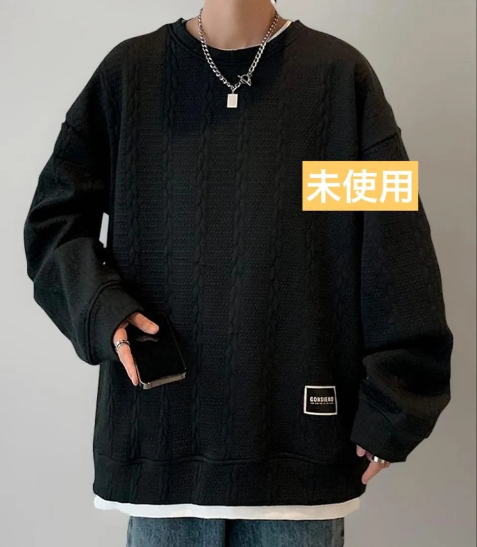【新品】メンズ ニット セーター ブラック ゆったり 重ね着風
