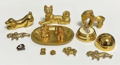 【昭和レトロ】ゴールドカラー 置物 チャーム まとめ縁起物 犬 ゾウ 恵比寿
