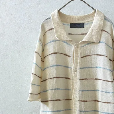 TRENDYNU ニットシャツ カーディガン 半袖 ボーダー シンプル ゆったり